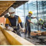 Asphalt paving operation with compaction equipment on regulated roadway construction site