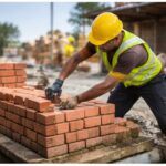 Brick masonry wall construction with aligned mortar joints and reinforced structural support