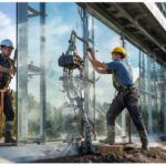 Commercial glass curtain wall installation with safety harnesses and energy-efficient glazing panels