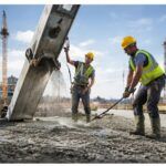 Concrete pouring operation on commercial construction site with workers wearing PPE and safety compliance measures in place