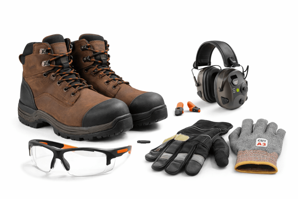Construction site personal protective equipment including safety boots, impact-rated glasses, hearing protection, and heavy-duty work gloves.