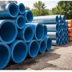 Stacked PVC pipes prepared for plumbing installation at commercial construction project