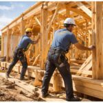 Residential timber framing installation with treated structural wood and safety equipment