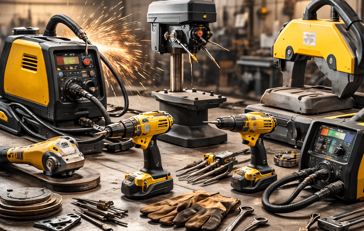 power tools for steel and metal work arranged in fabrication workshop